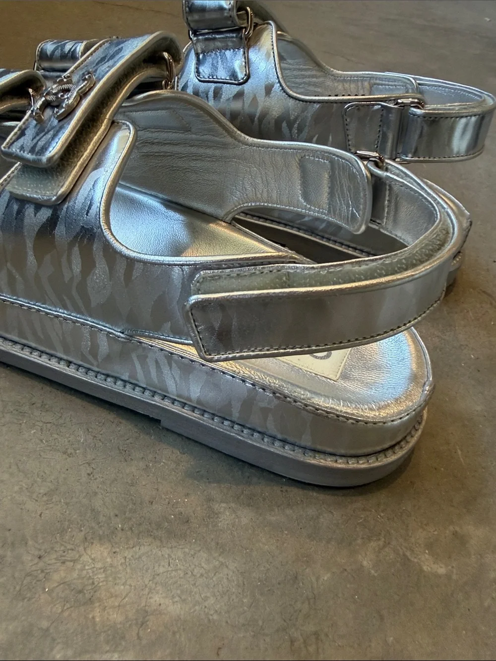 Chanel Metallica  Silver Leather Velcro dad Sandals